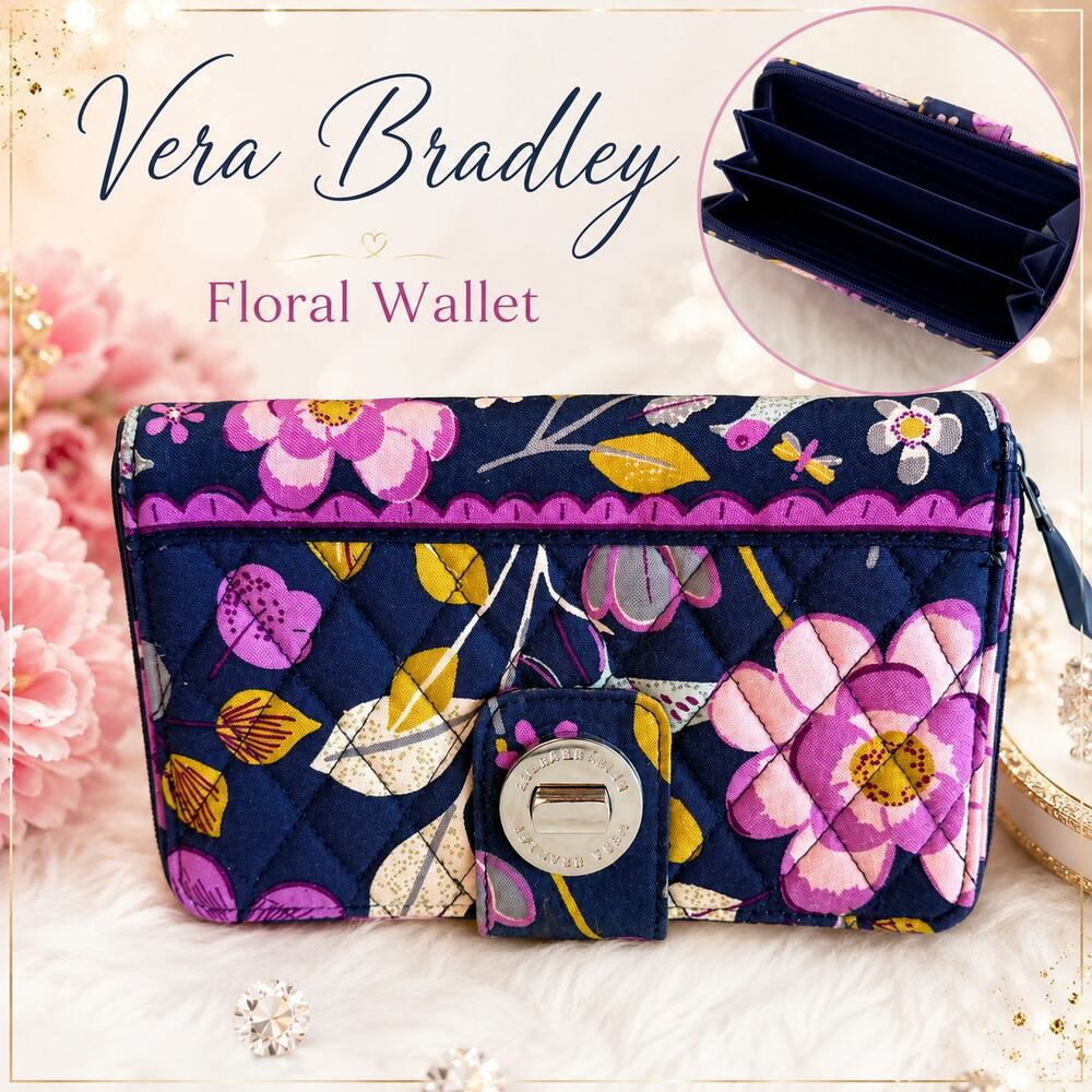 Vera Bradley Floral Nightingale Turnlock Wallet Retired Navy Floral
